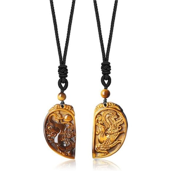 𝅺genuine Stone Phoenix Dragon Matching Couple Necklaces